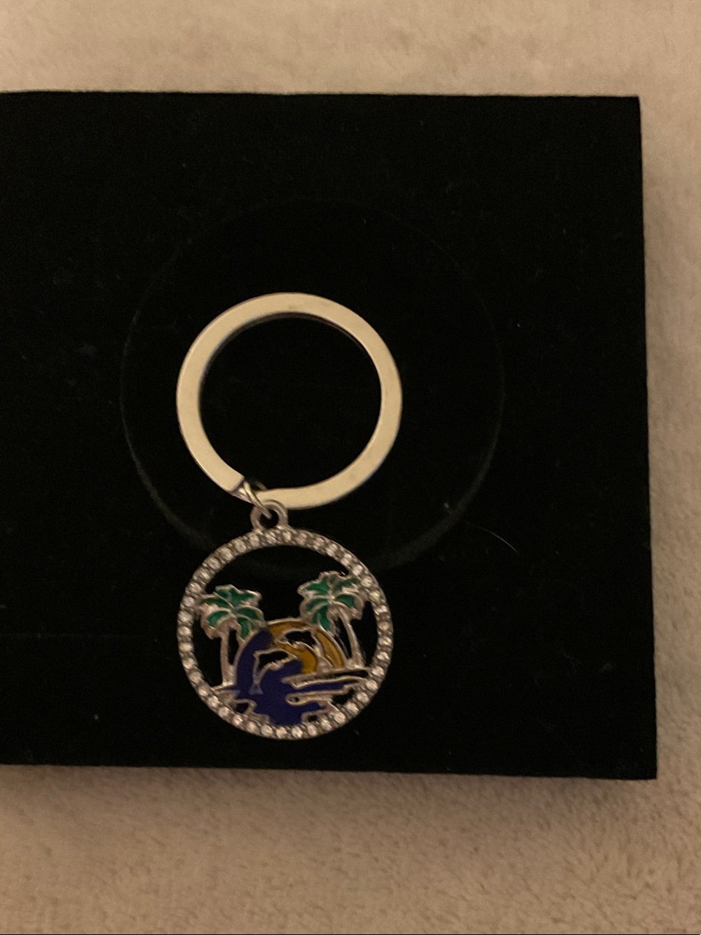 Silver Palm Tree & Dolphin Enamel Keychain - Blue, Green, Gold Accent
